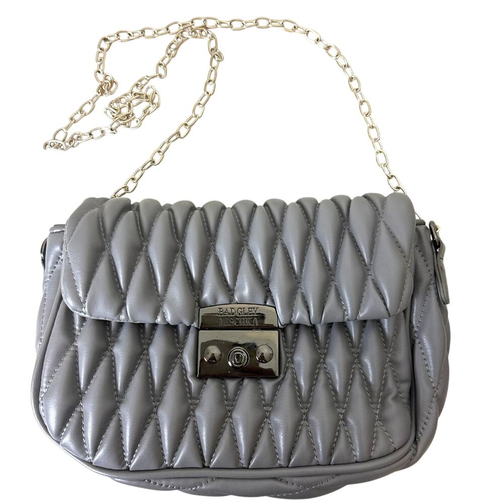 Badgley Mischka Mini Gray Quilted Faux Leather Chain Shoulder Bag Purse NEW